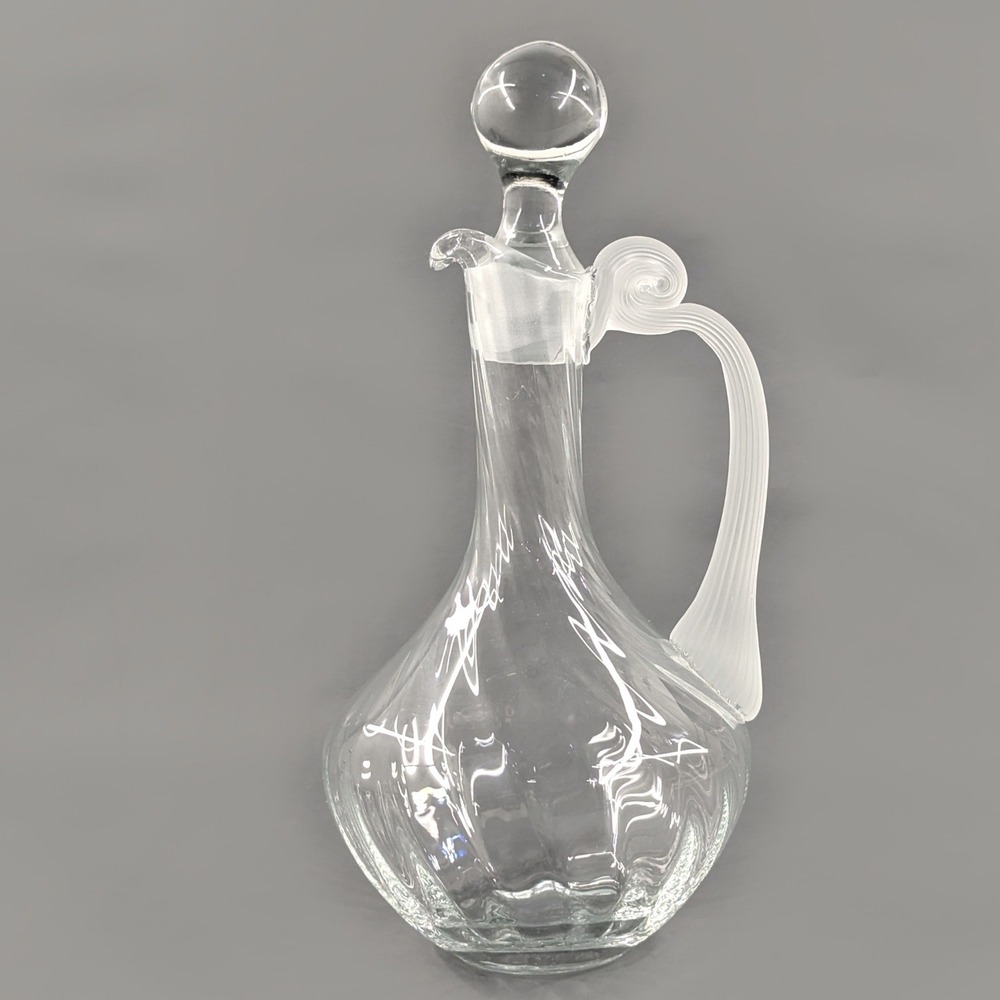 Vintage Hand Blown Glass Wine Decanter Frosted Ribbon Handle Stopper 13in